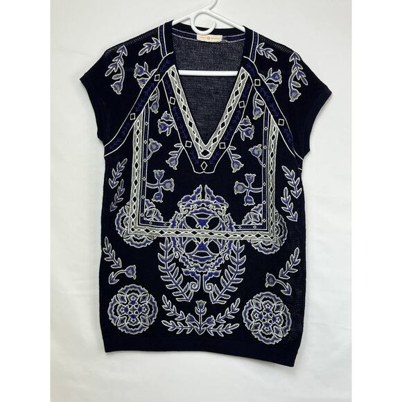 Tori Burch Women's Small Blue/Gray 100% Merino Wool Embroidered Sweater Vest - Picture 1 of 7
